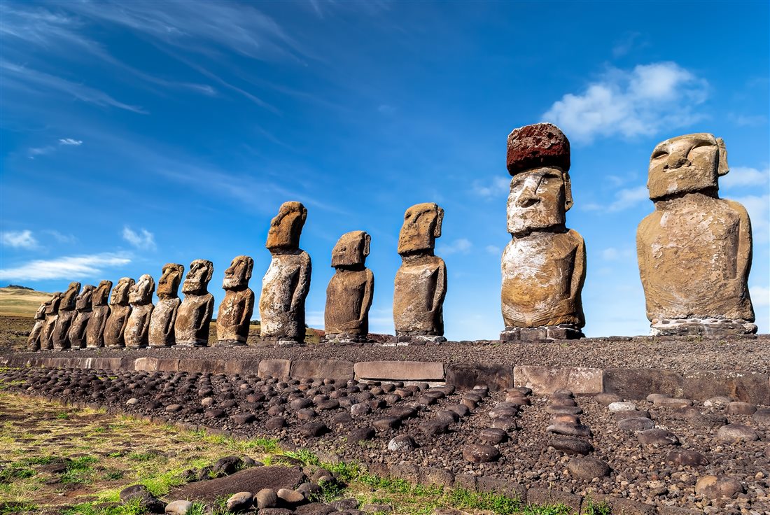 Moai statues standing at Ahu Tongariki, Easter Island